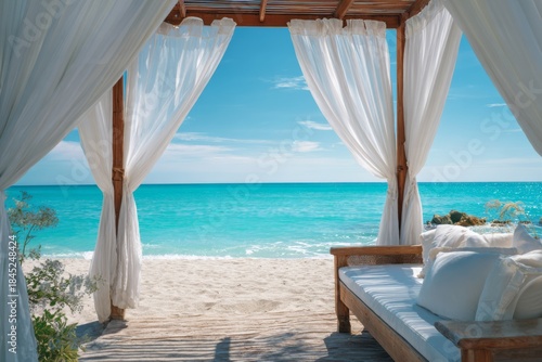 Open beach cabana with white curtains flowing gently in the sea breeze, framing a turquoise ocean view.