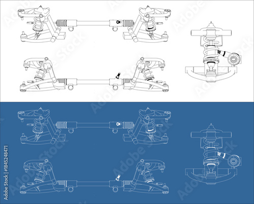 Multiview Orthographic Technical Drawing of Car Front Double Wishbone Suspension and Steering Rack on White and Blueprint Background
