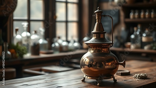 alembic. Vintage copper alembic still on a wooden workbench in an alchemist's workshop with a blurred background. STEM education sheets.