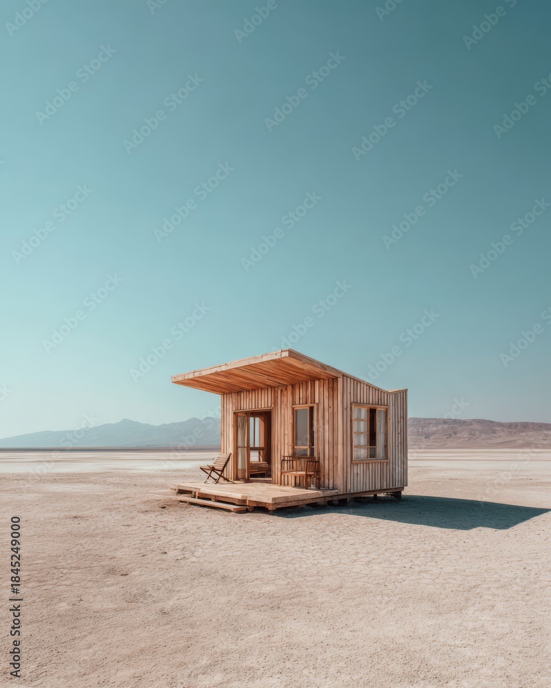 Fototapeta premium Minimalist wooden cabin standing alone in a vast open desert landscape under a clear blue sky.