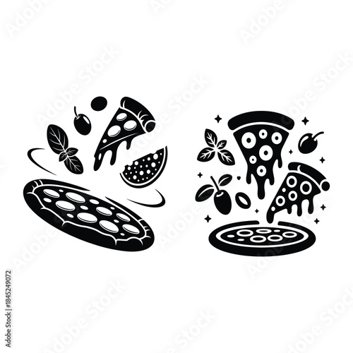 Floating Pizza Ingredient Orbit around pizza base.