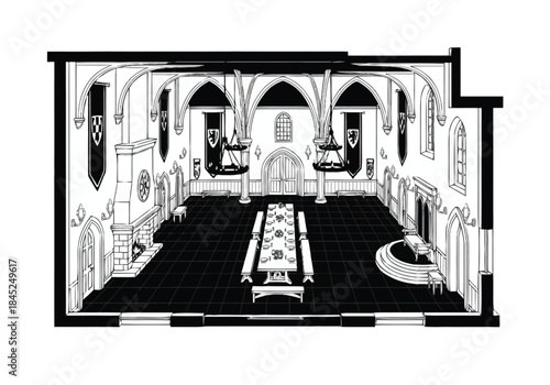 Grand Medieval Hall Interior Sketch Historic Banquet Dining Room layout architecture interior design icons exclusive