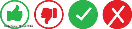 Tick and cross icon, like and dislike icon, yes and no icon set, Ok sign and Cancel sign, checkmark, crossmark, green tick mark, and red cross mark, Yes and No buttons. Vector illustration