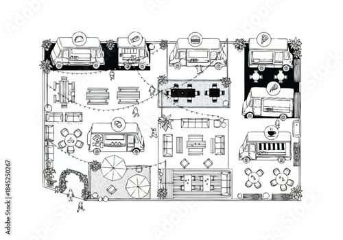 Urban Outdoor Dining Village Blueprint Food Truck Gathering Plan layout architecture interior design icons exclusive