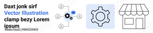 Gear connects nodes, secure lock in center, small shop outline nearby. Ideal for teamwork, networking, e-commerce, business systems, collaboration, security simple landing page