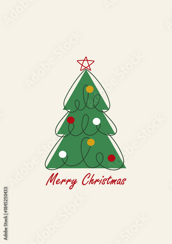 Minimal Christmas greeting card with stylized green tree, red star topper, string lights, colorful baubles, and Merry Christmas lettering on beige background