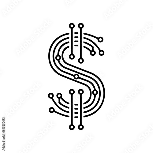 A vector icon of a dollar sign designed with electronic circuit board lines, symbolizing cryptocurrency, digital finance (Fintech), and electronic transactions. PNG, JPG, and editable EPS formats