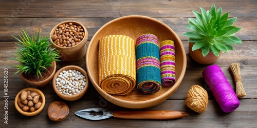 Vibrant Artisan Supplies on Rustic Wooden Table with Lush Greenery