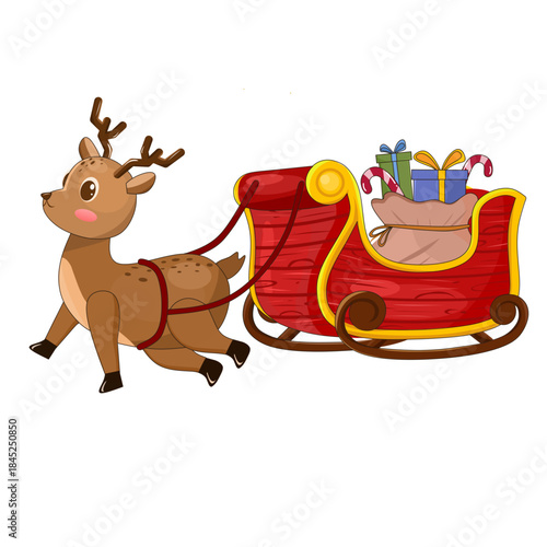 Illustration of Santa Claus' flying sleigh with cute reindeer delivering piles of gifts in sacks