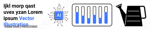 AI microchip, bar graph with blue progress bars, and watering can symbolize technology, progress, data growth, and nurturing. Ideal for innovation, tech evolution, analytics startups education
