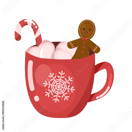 Cartoon illustration of a glass of hot chocolate decorated with Christmas candy canes, marshmallows, and cute gingerbread cookies