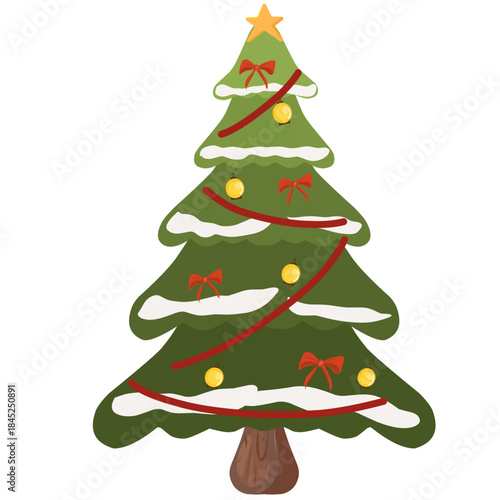 Illustration of Christmas tree clipart with red ribbon decorations, gold balls, and a star on top.