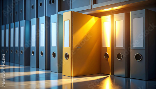 Illuminated Record Keeping: A striking close-up of organized file folders in a corporate office setting, a single folder is illuminated, conveying a sense of order, efficiency, and importance.