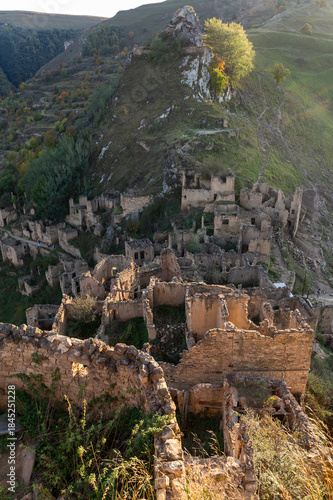 Stone ruins in the mountain ghost village of Gamsutl, Dagestan, North Caucasus