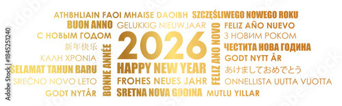 2026 happy new year greeting card with text in different languages vector illustration