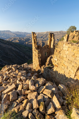 Stone ruins in the mountain ghost village of Gamsutl, Dagestan, North Caucasus