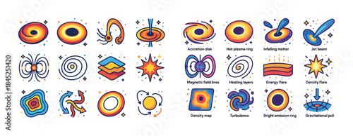 Colorful illustrations of cosmic phenomena and space elements
