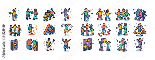 Colorful illustrations of diverse characters engaging in fun and