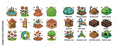 Colorful garden ecosystem illustrations featuring wildlife habit