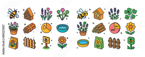 Colorful garden elements featuring bees, flowers, honeycombs, an
