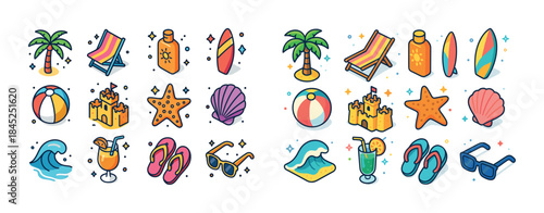 Colorful summer beach icons: surfboard, palm tree, wave, cocktai