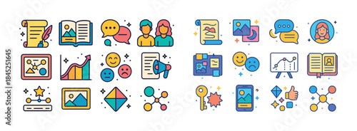 Colorful educational icons for learning and communication