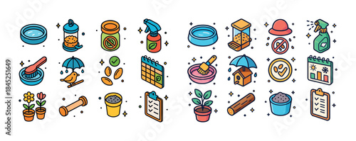 Colorful pet care icons with accessories and gardening elements
