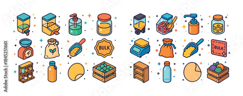 Colorful bulk food and zero waste icons set with containers and