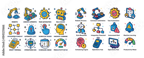 Automation and technology icons including robots, bots, and mach