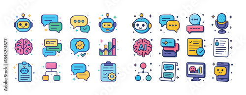 Colorful ai and technology icons featuring robots, brain, charts