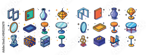 Colorful isometric furniture and decor collection in modern styl