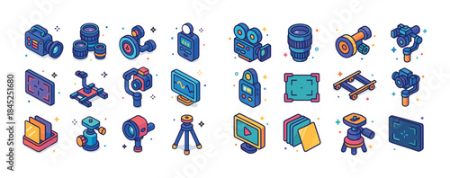 Colorful isometric camera and filmmaking equipment icons set