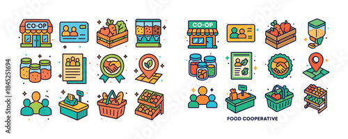Colorful icons illustrating food cooperative services and activi