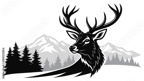 Stunning black and white stag head graphic set against majestic snowy mountain wilderness backdrop