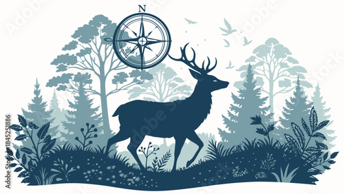 Stunning stag silhouette guides adventure through misty forest with vintage compass direction