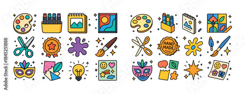 Creative art supplies and crafts icons collection in vibrant col