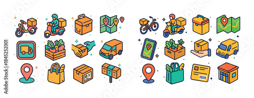 Colorful delivery icons featuring vehicles and packages