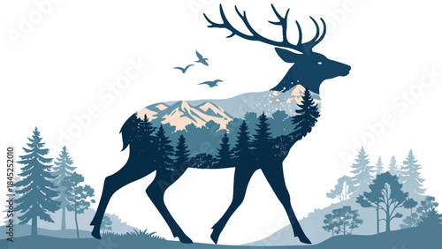 Stunning stag silhouette filled with serene blue forest and mountain landscape design