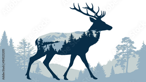Stunning stag silhouette filled with majestic forest and mountain landscape layers
