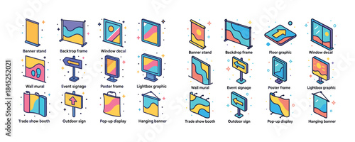 Icon set of event supplies: banners, signs, frames, graphic disp