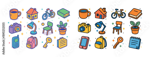 Colorful icons of everyday objects featuring mug, house, bicycle