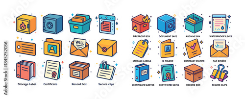 Colorful icon set of storage and security items featuring boxes,