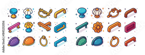 Colorful cartoon door knobs and handles collection with floral d