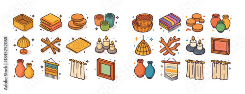 Cozy home decor collection: baskets, ceramics, candles, textiles