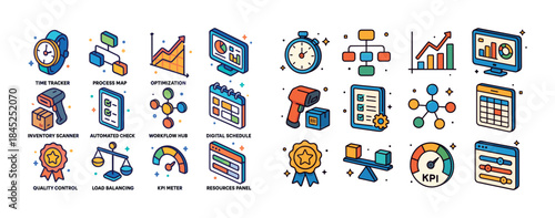 Colorful business icons for time management and workflow optimiz