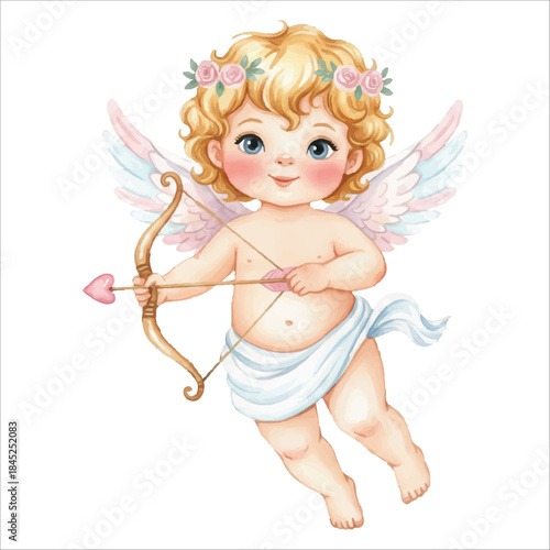 Cute Cupid Angel Stock Pose Watercolor Vector Illustration Isolated on White Background
