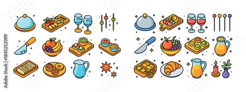 Colorful food and drink icons including appetizers, desserts, dr
