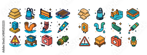 Colorful set of flood prevention and safety icons featuring tool