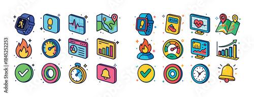 Colorful fitness and analytics icons illustrating health, naviga