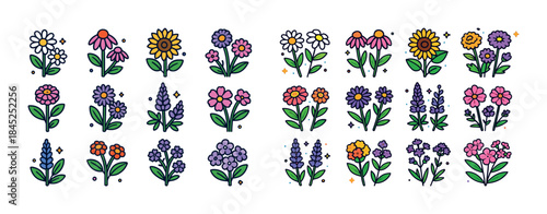 Colorful cartoon flowers pattern with various blossoms and leave